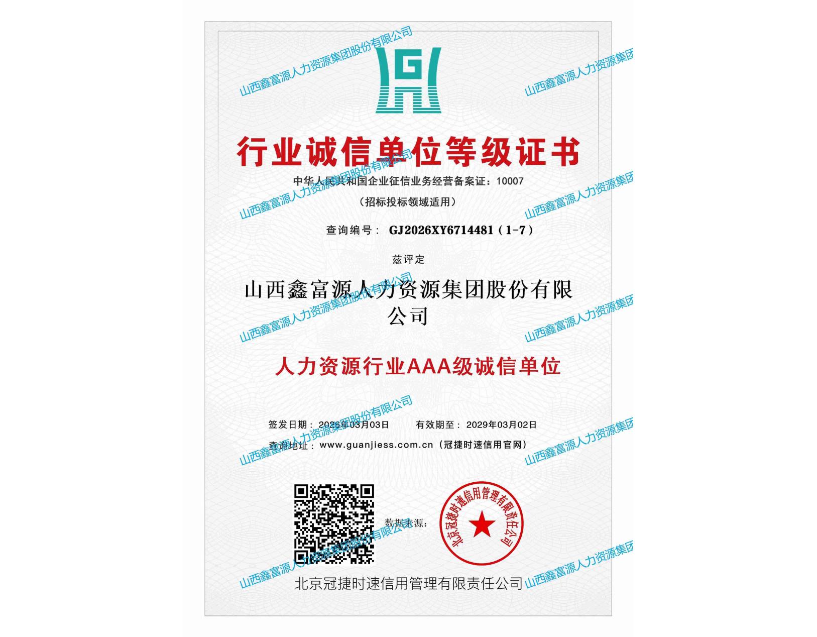 行業(yè)誠信單位等級證書